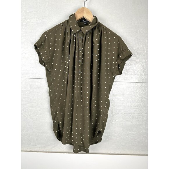 Madewell Central Drapey Popover Shirt in Grid Dot Olive Green Extra Small XS - Picture 4 of 16